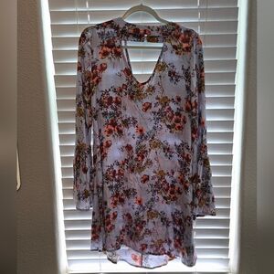 Long-Sleeve Floral Keyhole Shift Dress - White with Coral Floral